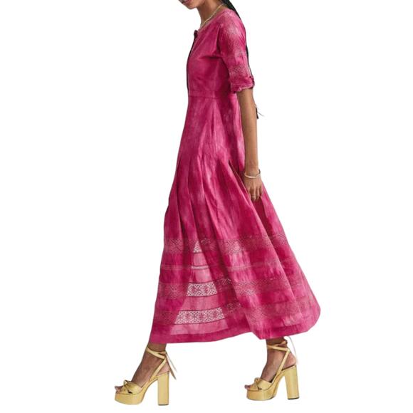 LoveshackFancy Edie Bordeaux Pink Tie Dye Cotton Midi Dress - Picture 2 of 12